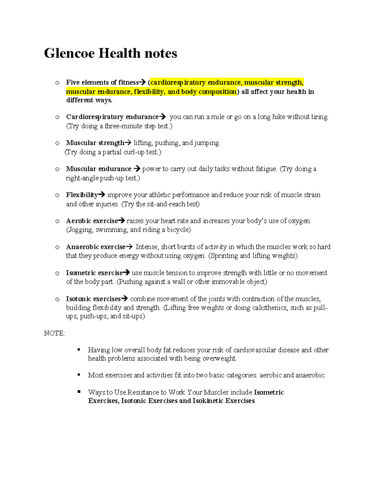 Glencoe Health notes doc Glencoe Health notes o Five elements of