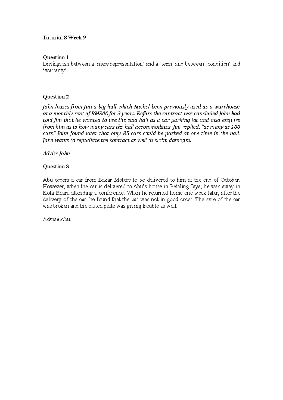 Tutorial 8 Week 9 contract law - Tutorial 8 Week 9 Question 1 ...
