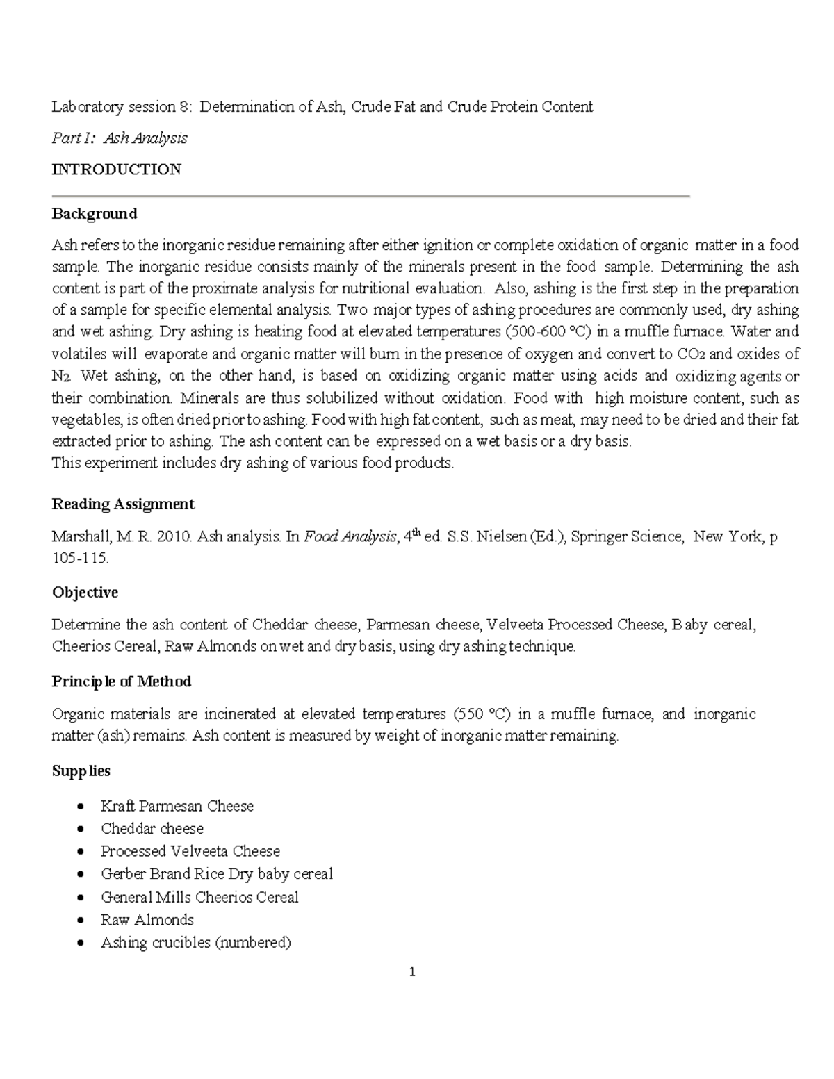 Lab 8 Ash Fat and Protein Addendum 2020 - Laboratory session 8 ...