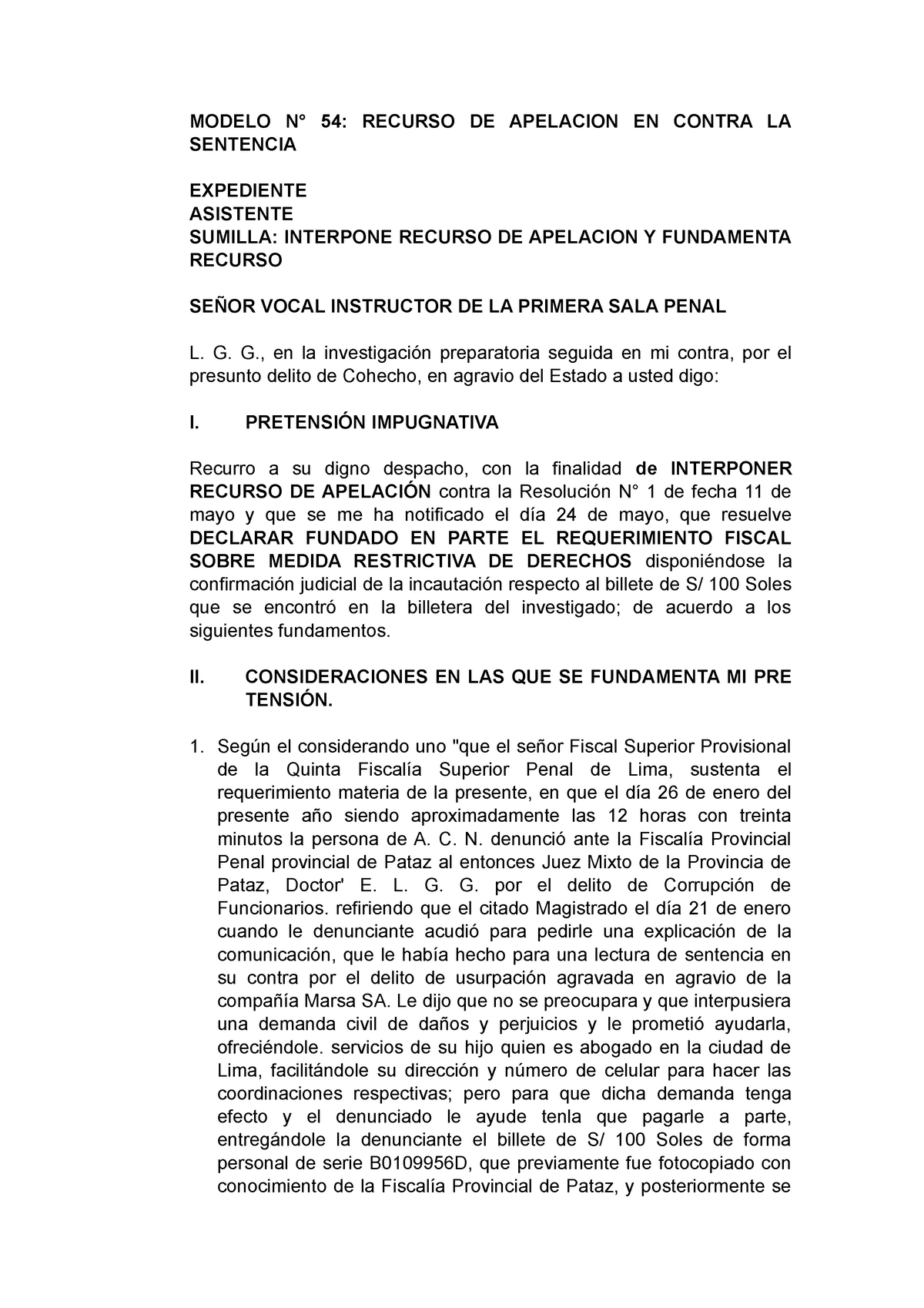 54 Modelo De Recurso De Apelacion En Contra La Sentencia Modelo N° 54 Recurso De Apelacion 3306