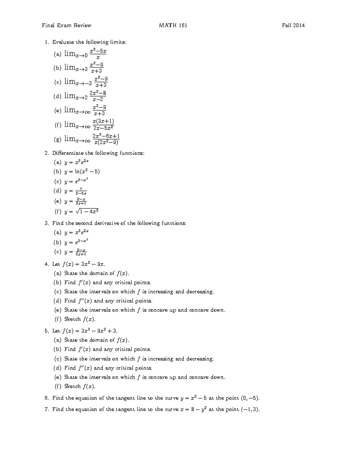 MATH 161 FEReview - Summary Applied Calculus - Evaluate the following ...