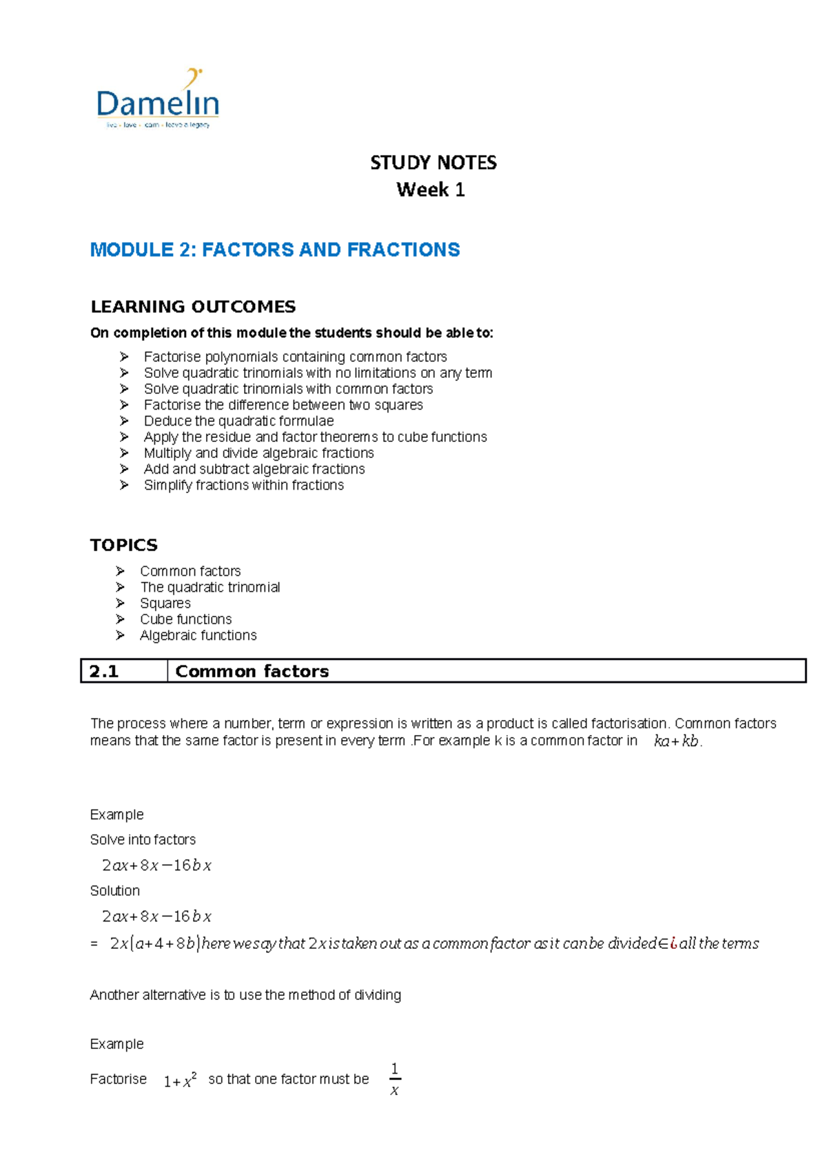 FACTORS AND FRACTIONS - STUDY NOTES Week 1 MODULE 2: FACTORS AND ...