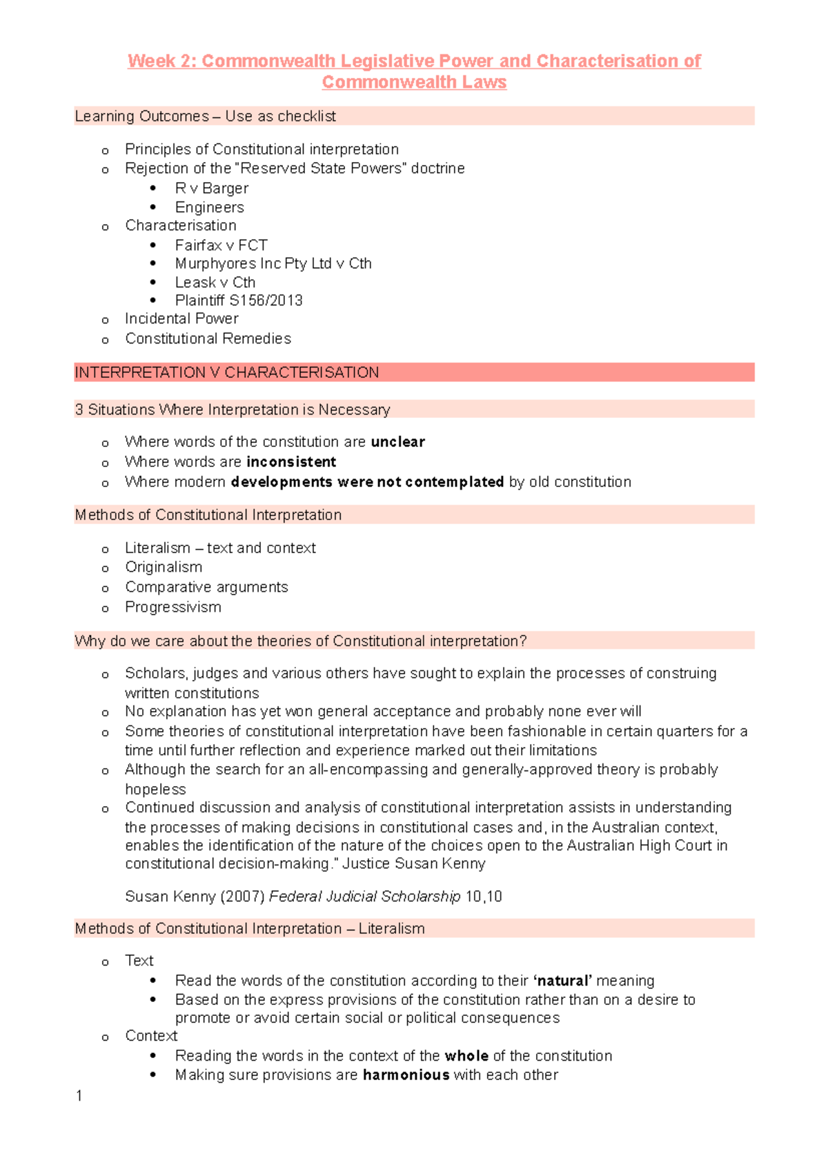 Week 2 - Lecture notes - Week 2: Commonwealth Legislative Power and ...