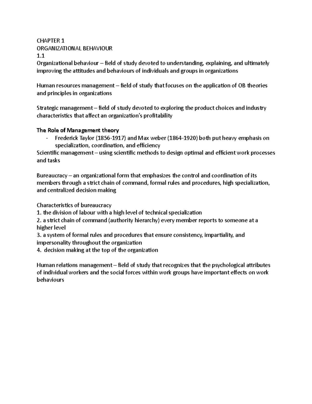 Chapter 1 OB - Lecture notes 1 - CHAPTER 1 ORGANIZATIONAL BEHAVIOUR 1 ...