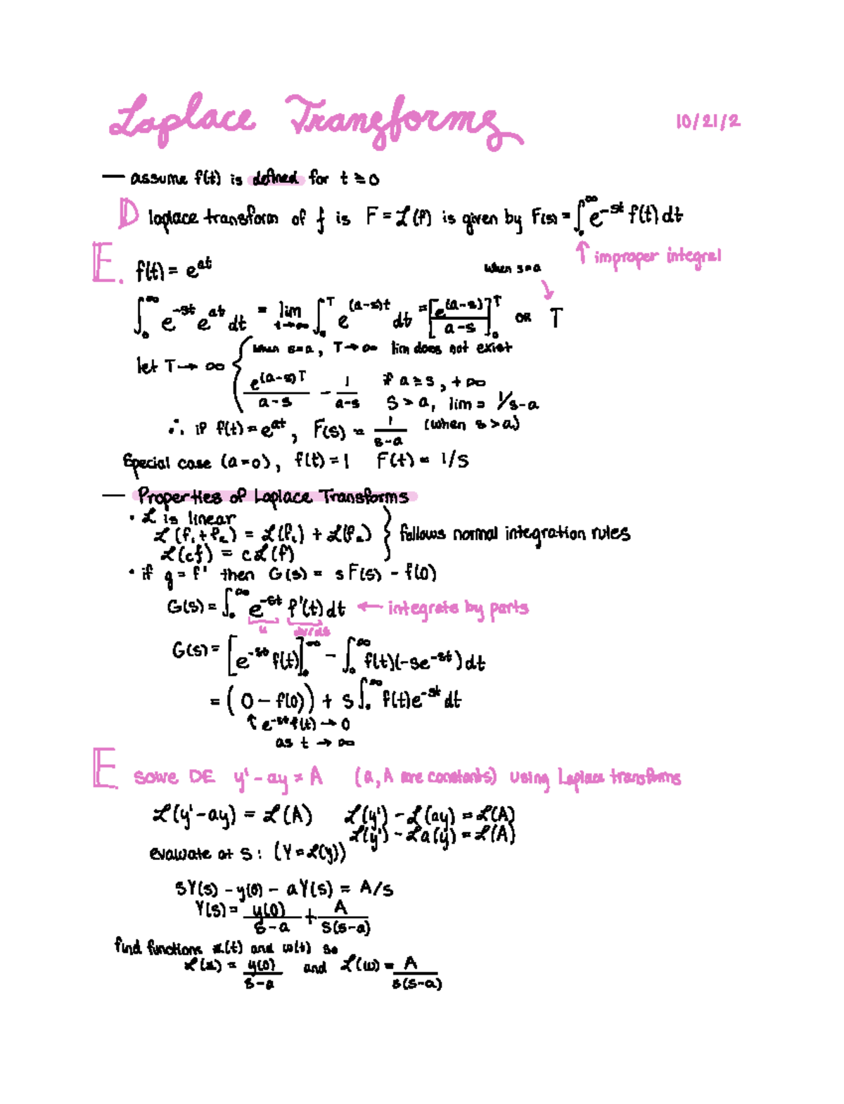 Laplace Transforms - Laplace Transforms 1012112 Assume Flt Is Defined ...