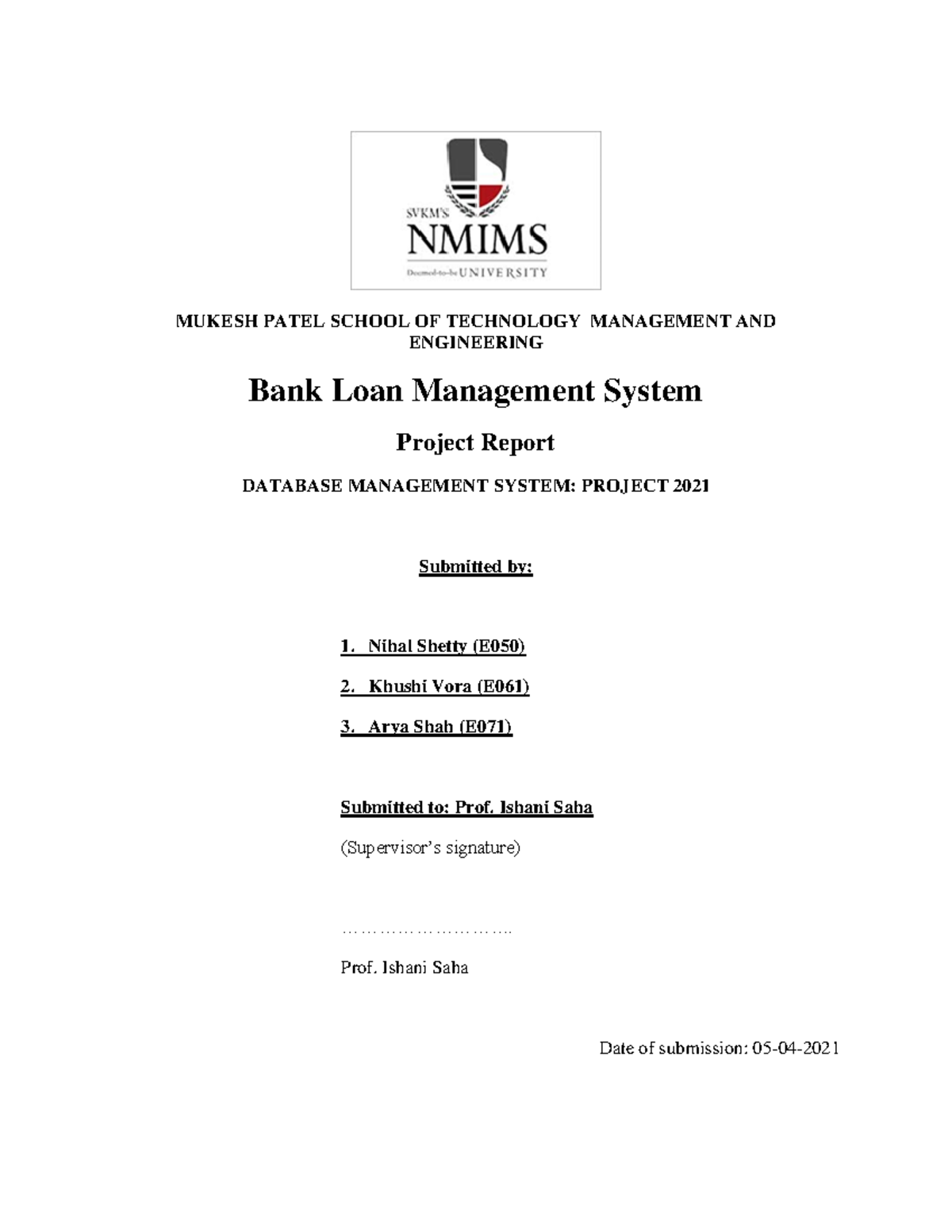 DBMS Mini Project Report - MUKESH PATEL SCHOOL OF TECHNOLOGY MANAGEMENT ...