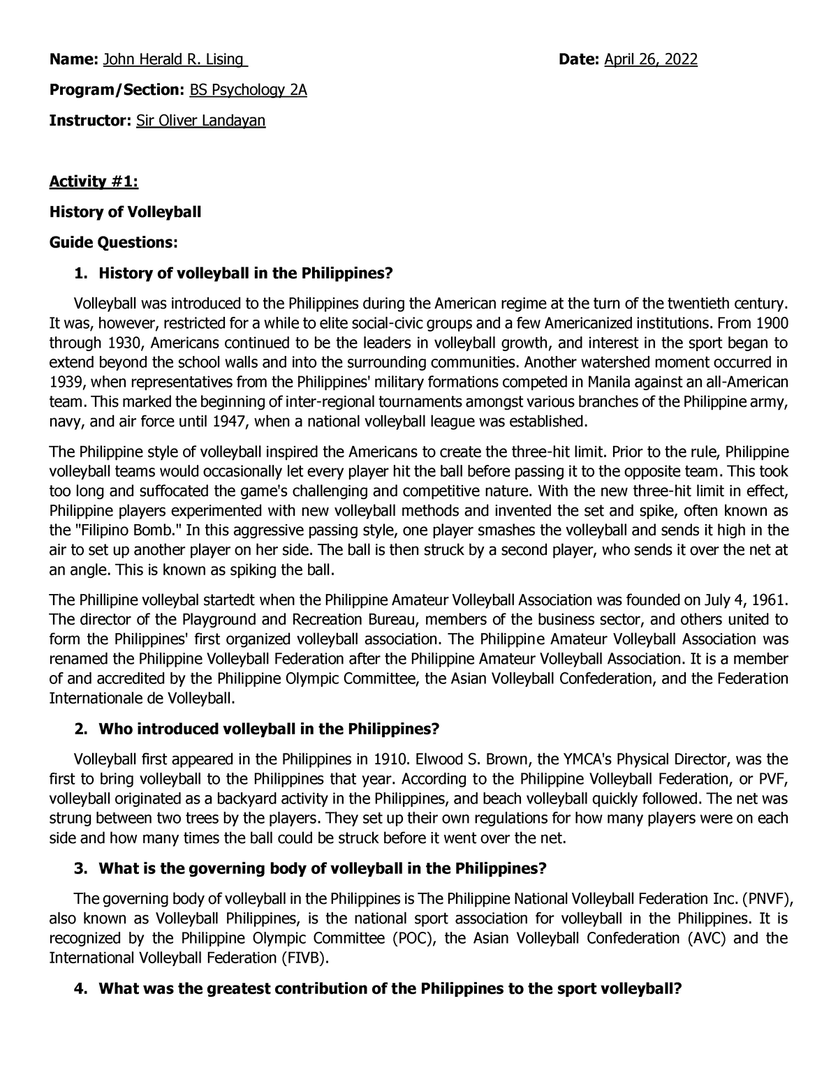 history of volleyball in the philippines essay