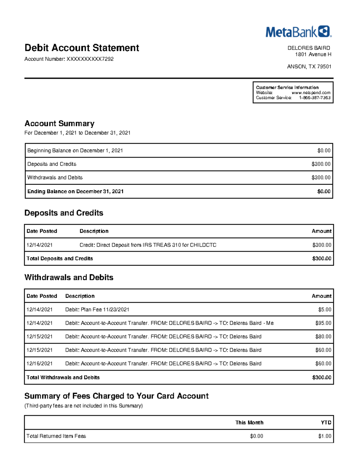 Netspend 21 Practice Form - Debit Account Statement Account Number ...