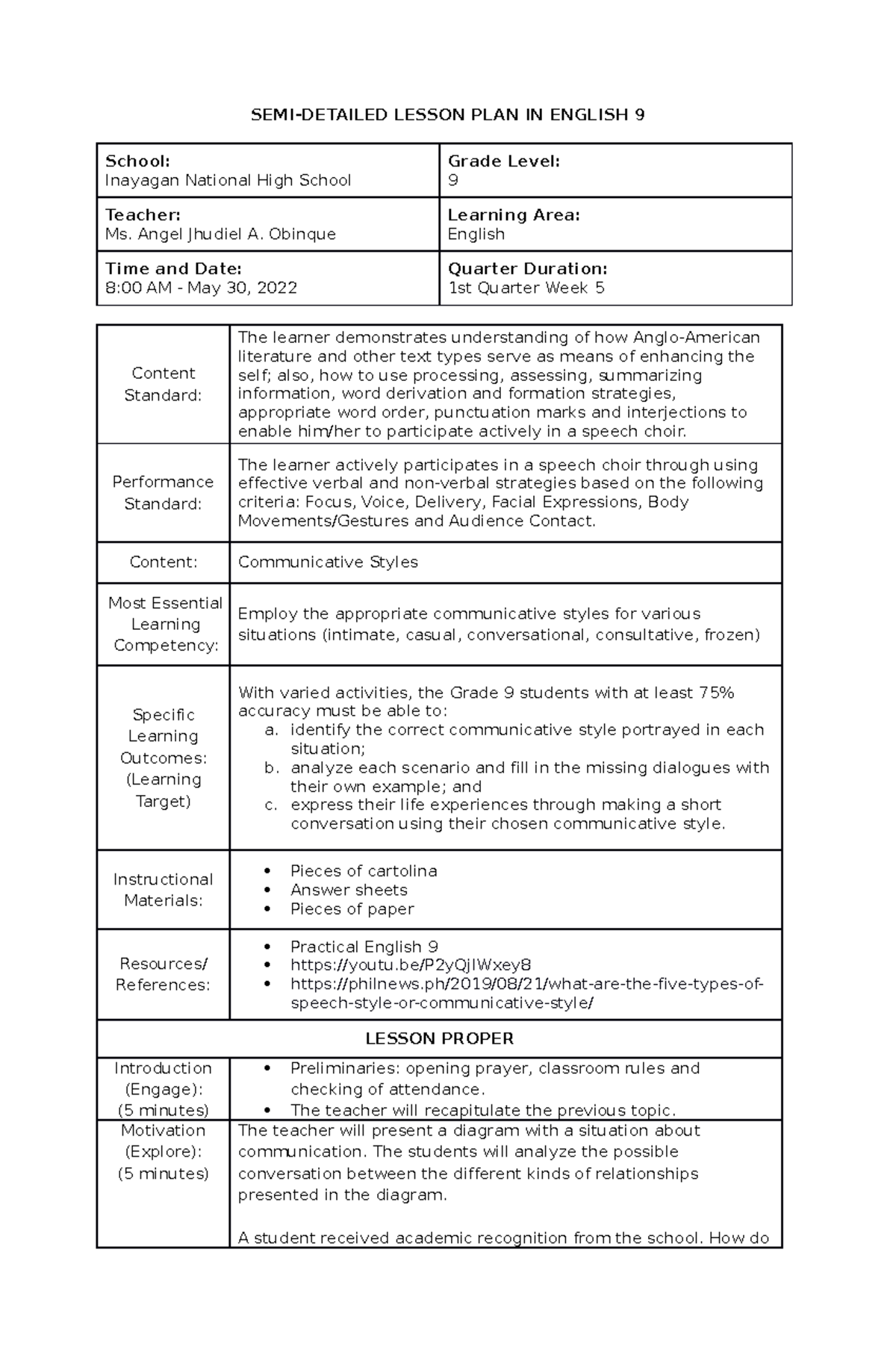 Lesson Plan in English 9 - Communicative Styles - SEMI-DETAILED LESSON ...