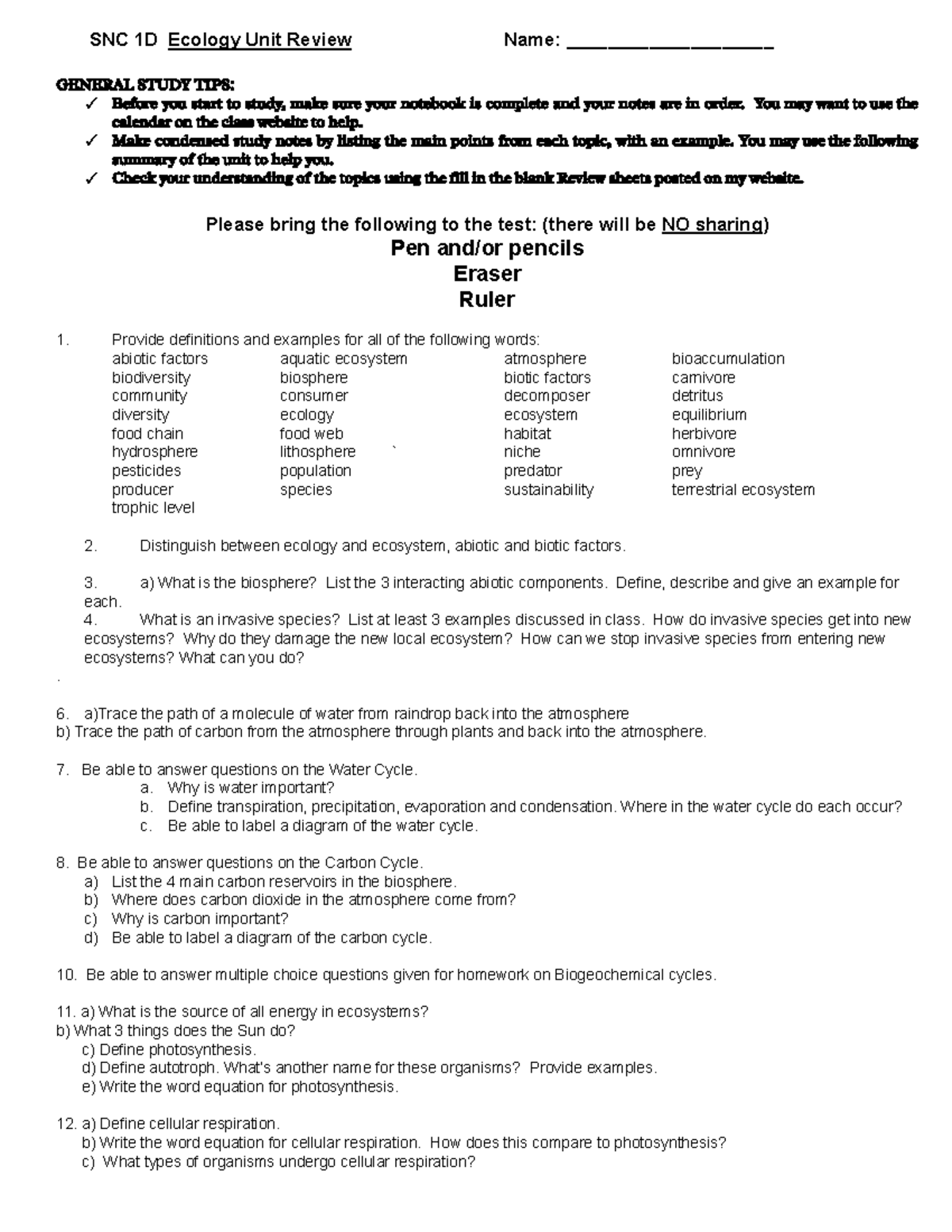 Unit Test Review 2015 - Hernandez - SNC 1D Ecology Unit Review Name