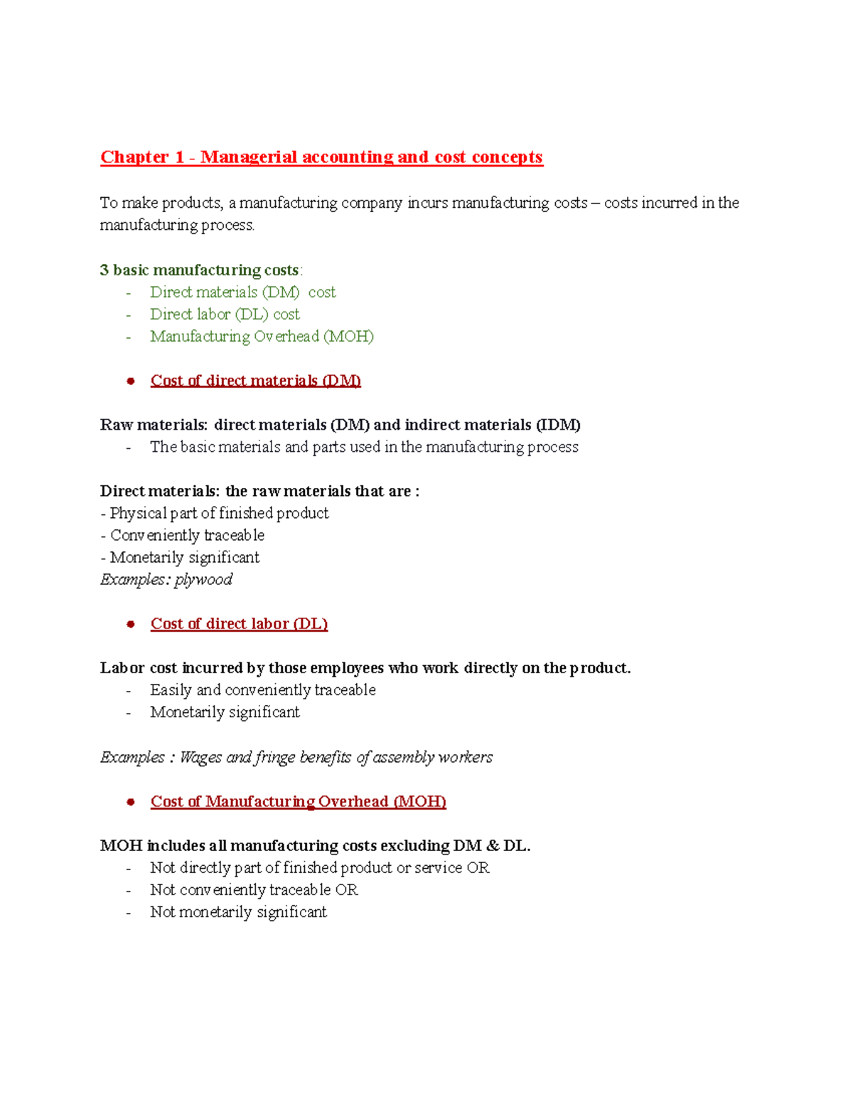 Accouting notes - Chapter 1 - Managerial accounting and cost concepts ...