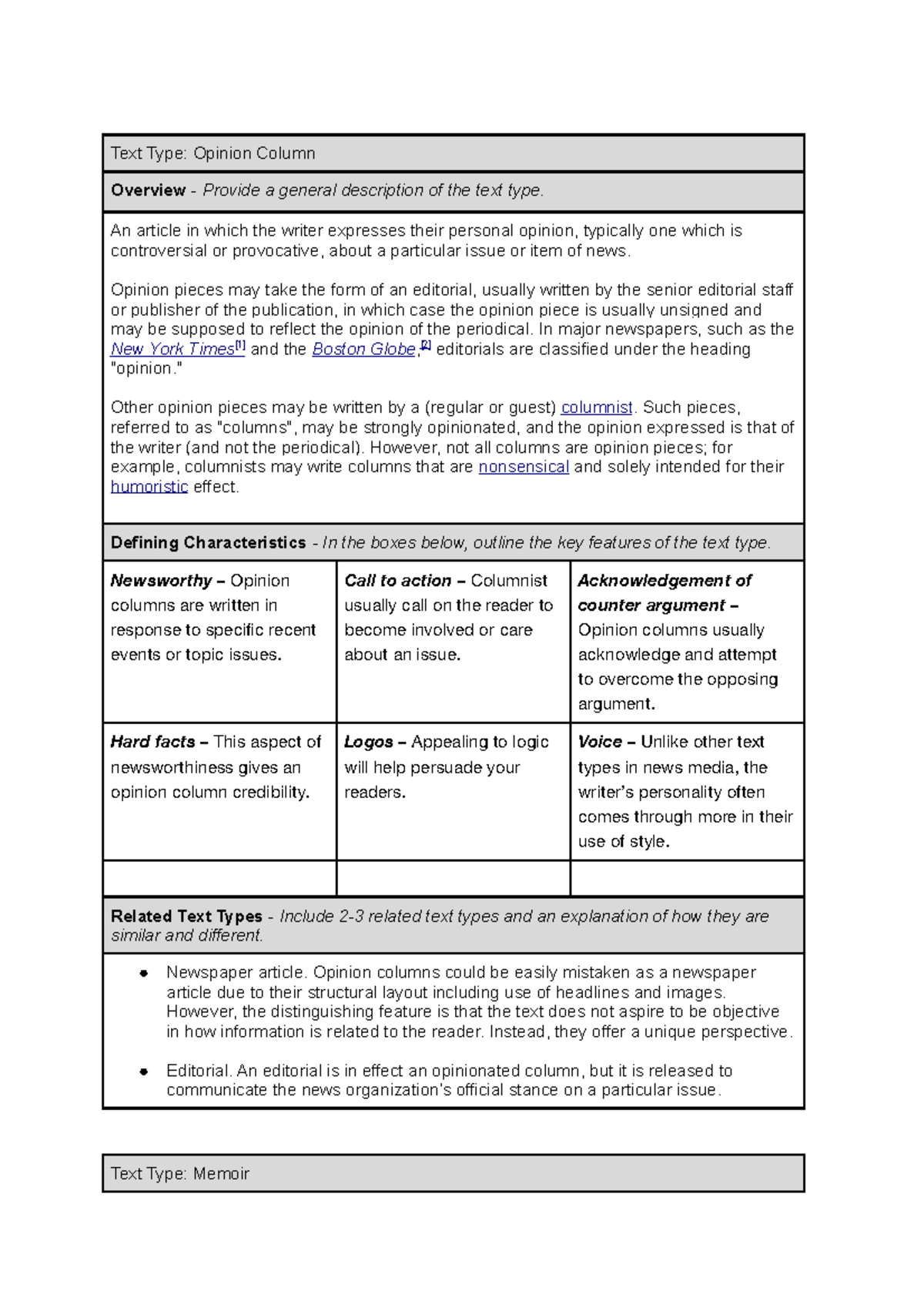 Copy of LL Text Types - Template - Text Type: Opinion Column Overview ...