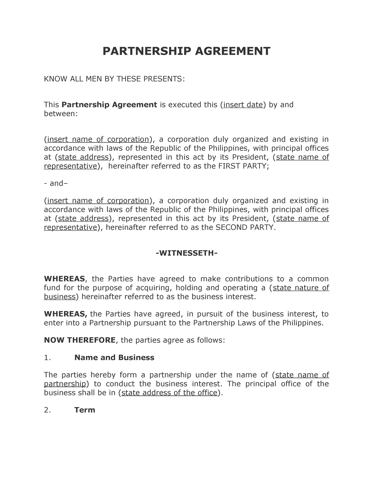 Partnership Agreement -witnesseth- Whereas, The Parties Have Agreed To 