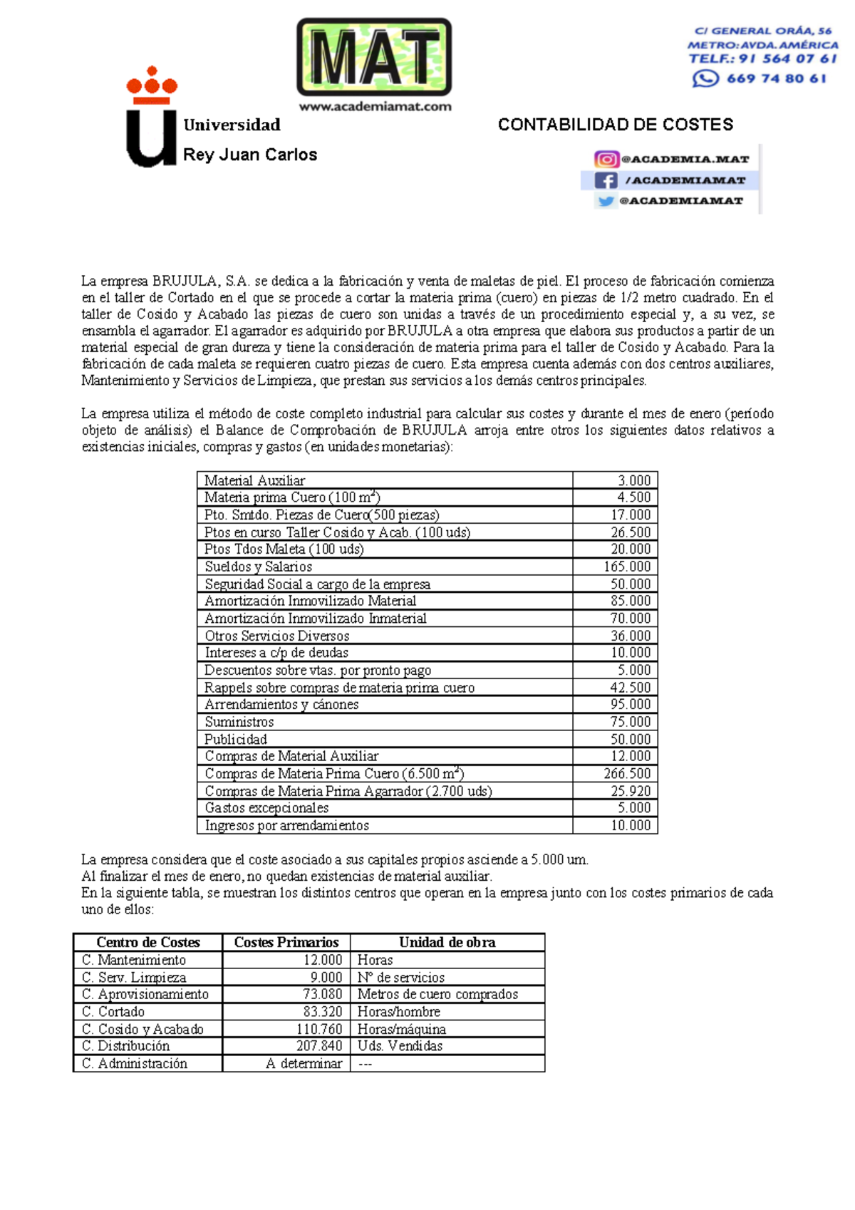 BRÚJULA,SA. - fsdaf - Universidad CONTABILIDAD DE COSTES Rey Juan ...