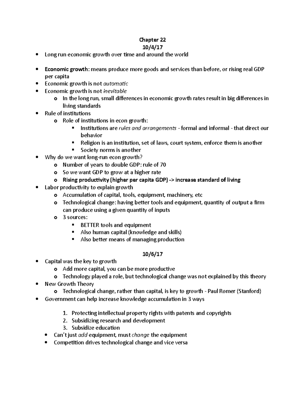 Exam 2 Notes-10:4-10:11 - Chapter 22 10/4/17 Long run economic growth ...
