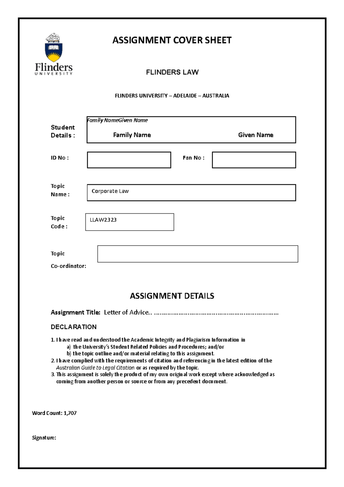 Forsyth Pty Ltd - Letter of Advice - ASSIGNMENT COVER SHEET FLINDERS ...