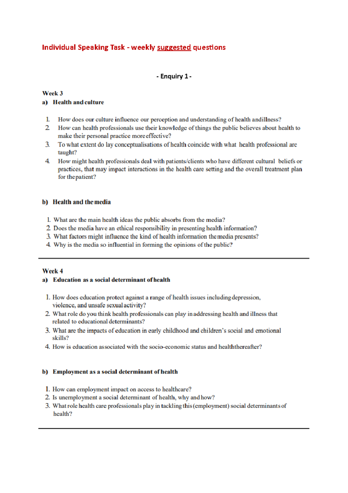 Individual Speaking Task Questions Updated 2021 - PHE1SDH - Individual ...