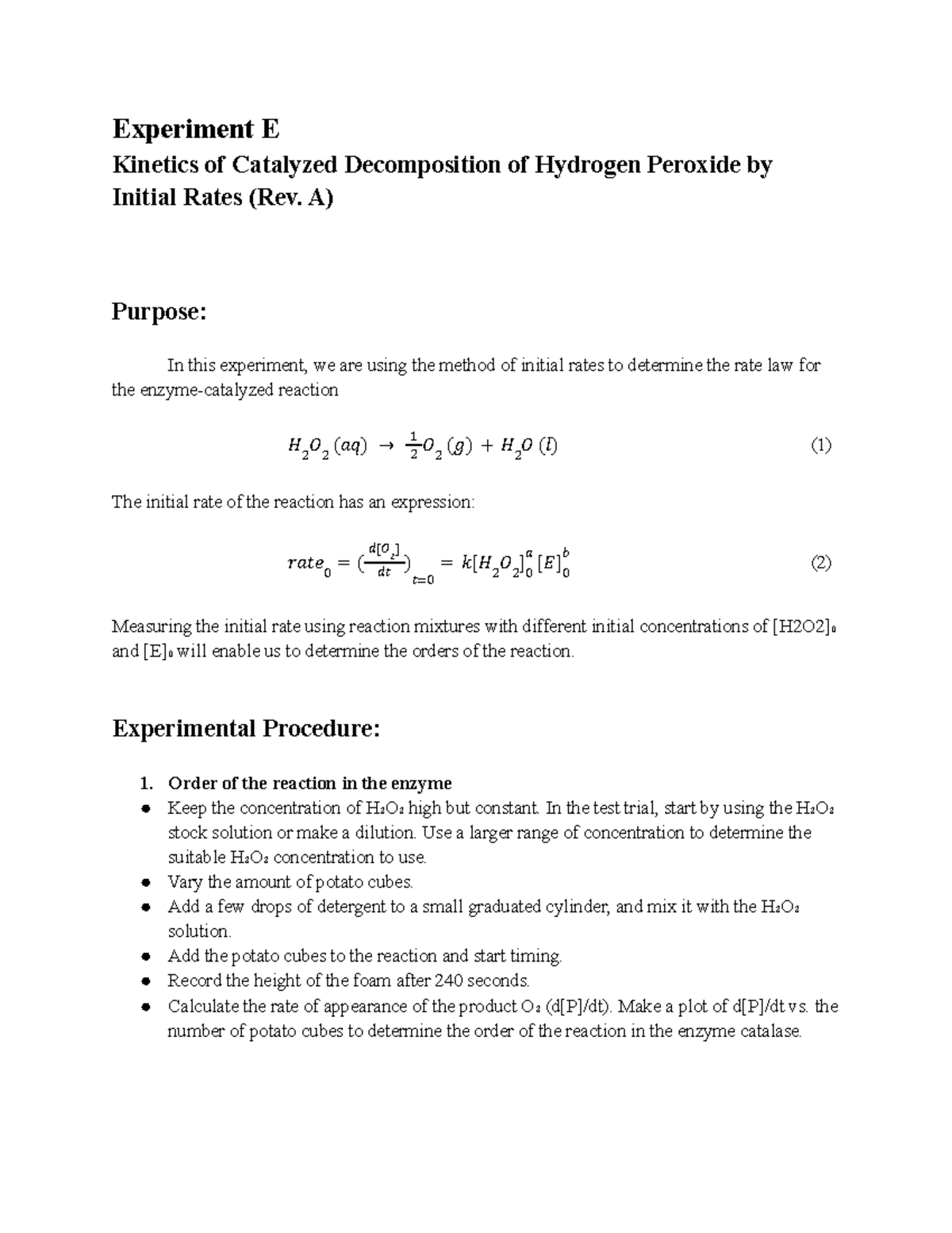 Experiment E Short Lab Report Experiment E Kinetics Of Catalyzed Experiment E Short Lab Report Experiment E Kinetics Of Catalyzed