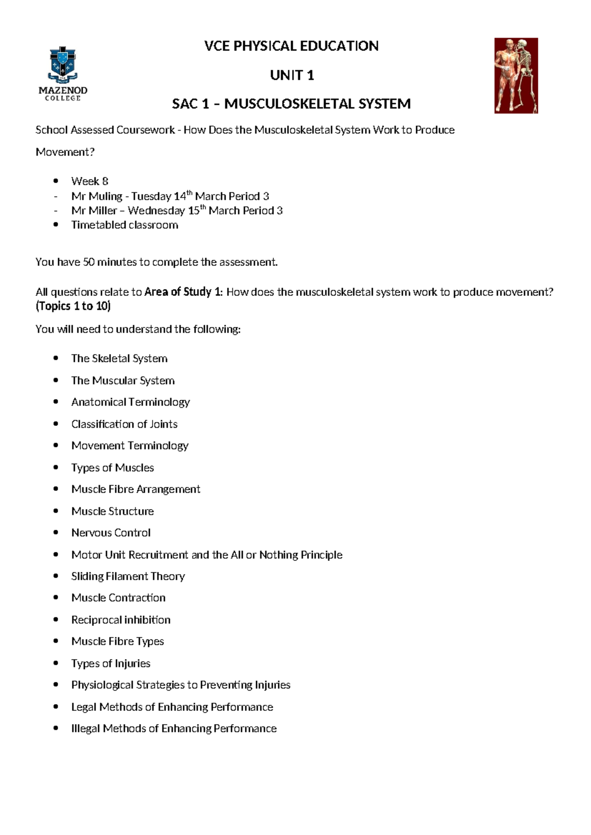 VCE PE Unit 1 SAC 1 Overview 2023 - VCE PHYSICAL EDUCATION UNIT 1 SAC 1 ...