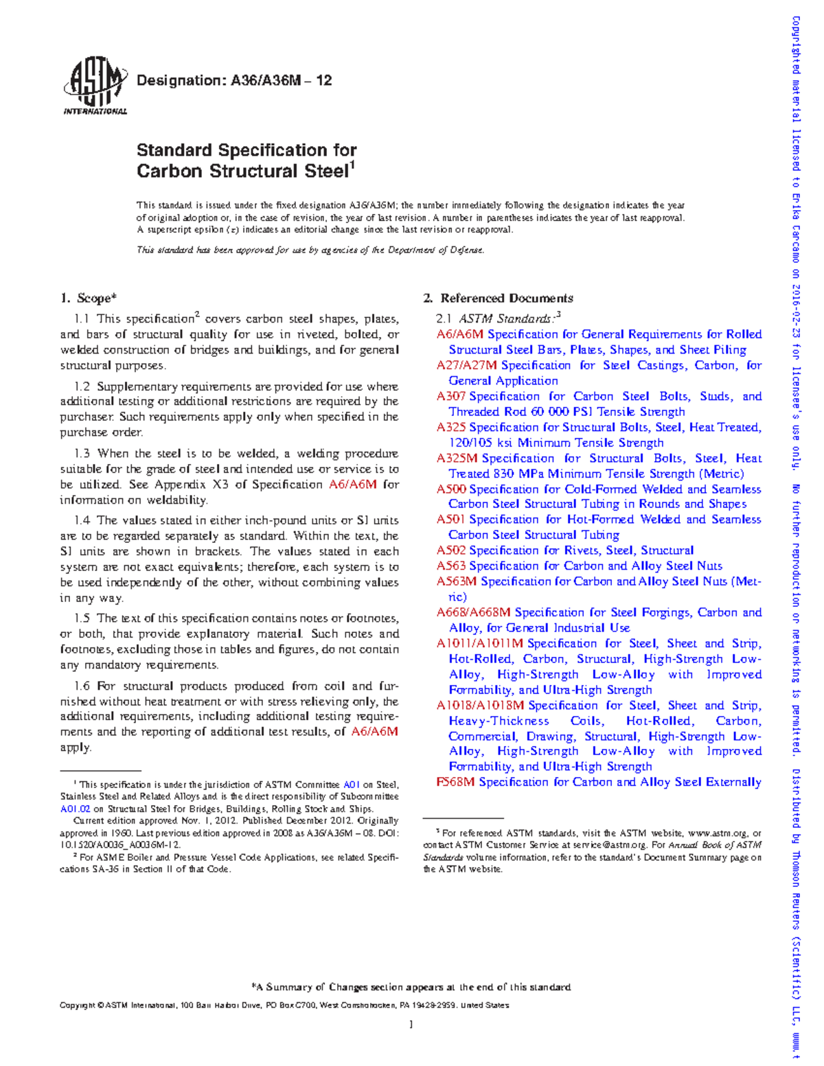 ASTM A36 2012 - Propiedades - Designation: A36/A36M − 12 Standard ...