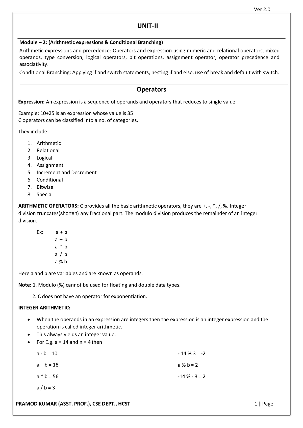 Unit-II - notes - UNIT-II Module – 2: (Arithmetic expressions ...