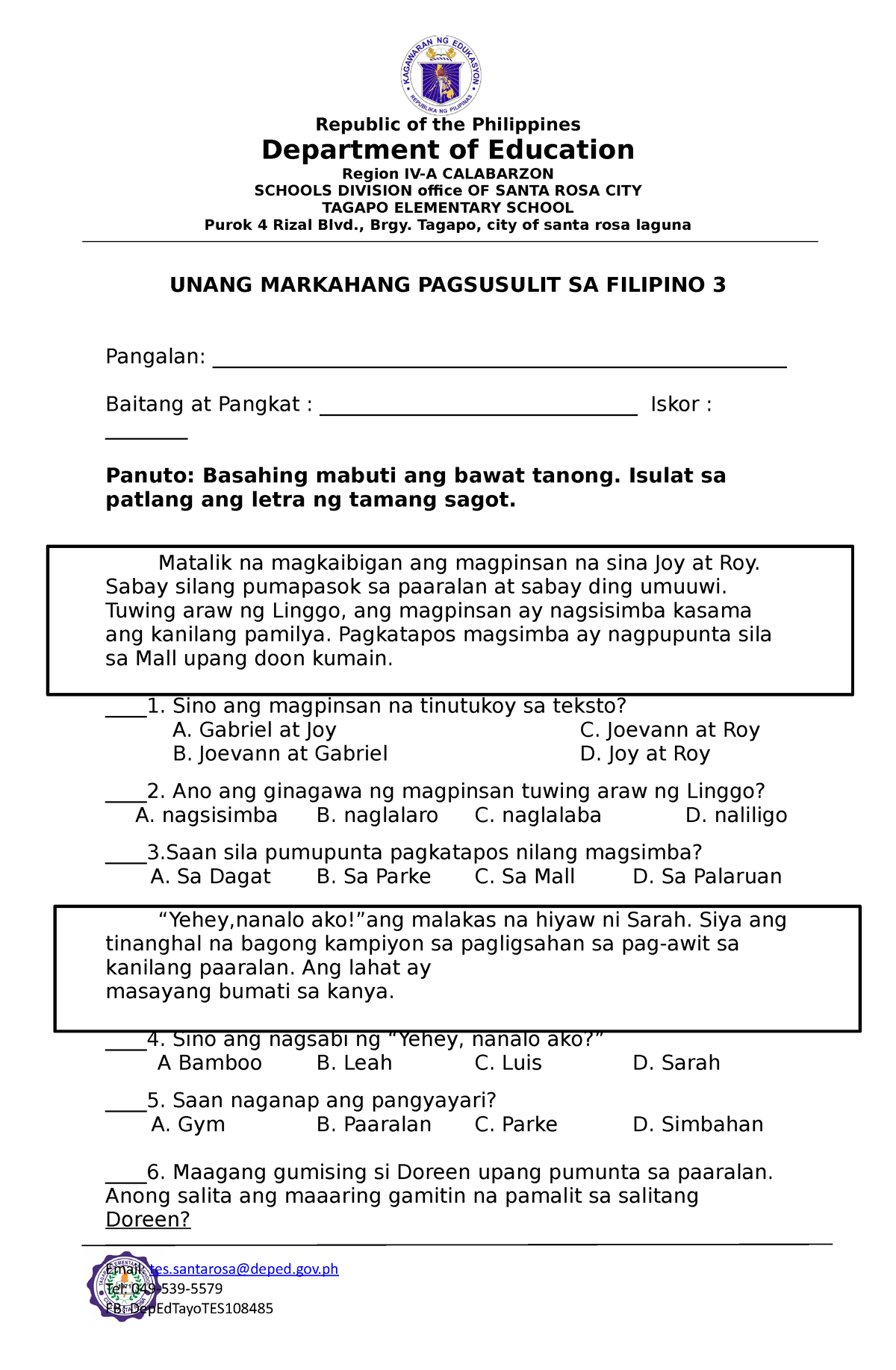 Filipino 3 Q1 Pt Sy 2022 2023 Department Of Education Region Iv A Calabarzon Schools Division 2358