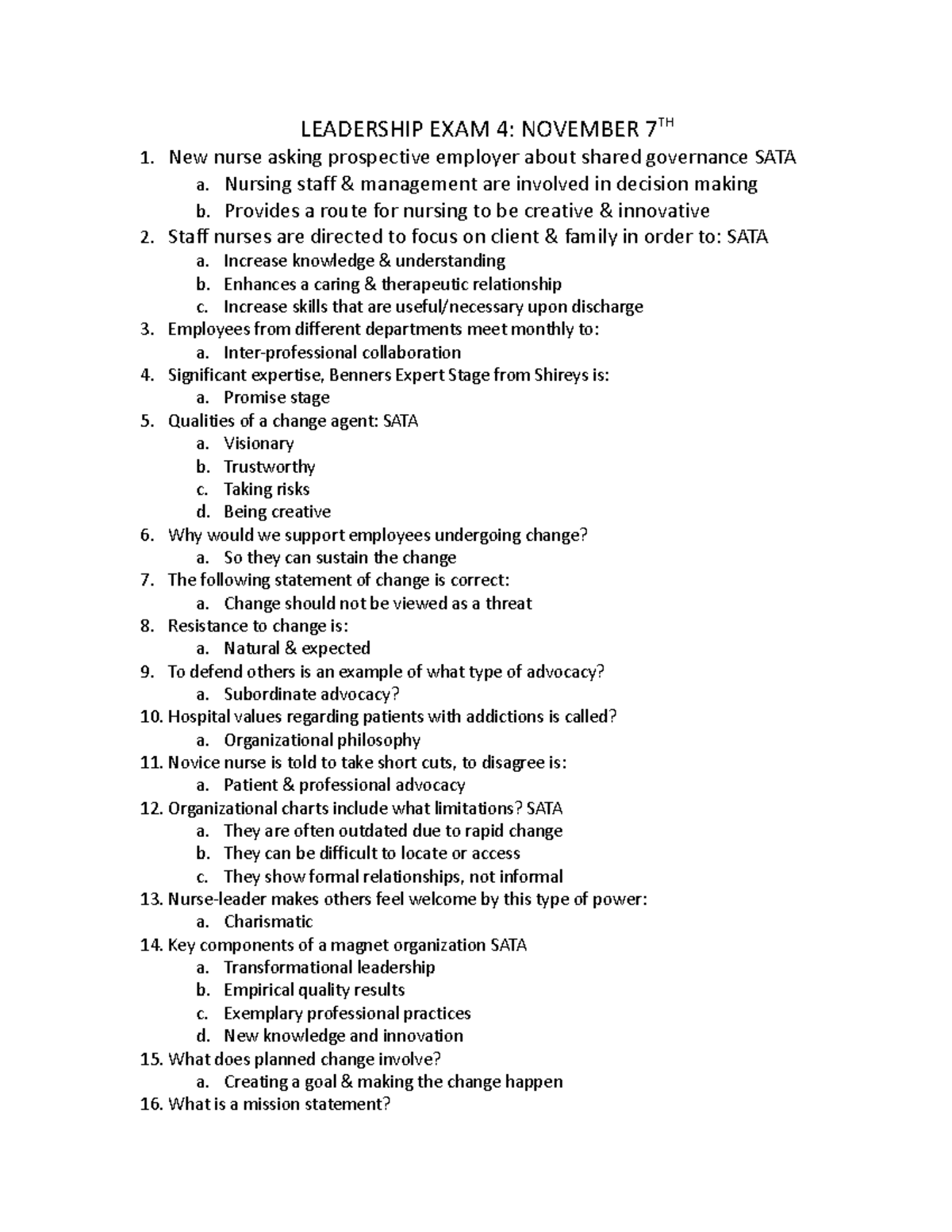 Leadership kahoot questions & answers LEADERSHIP EXAM 4 NOVEMBER 7