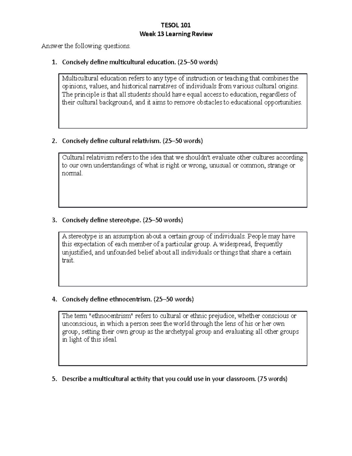 Tesol 101 document w13Learning Review - TESOL 101 Week 13 Learning ...