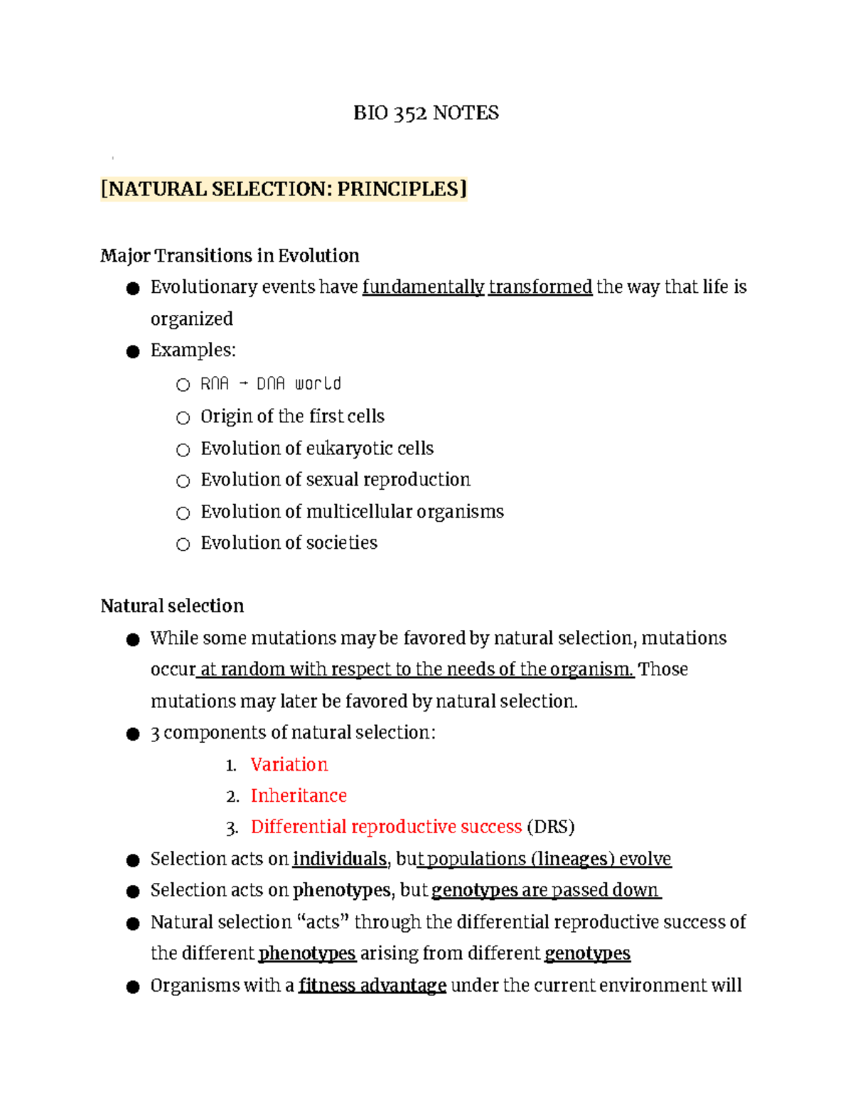 BIO 352 Notes #3 - BIO 352 NOTES [NATURAL SELECTION: PRINCIPLES] Major ...