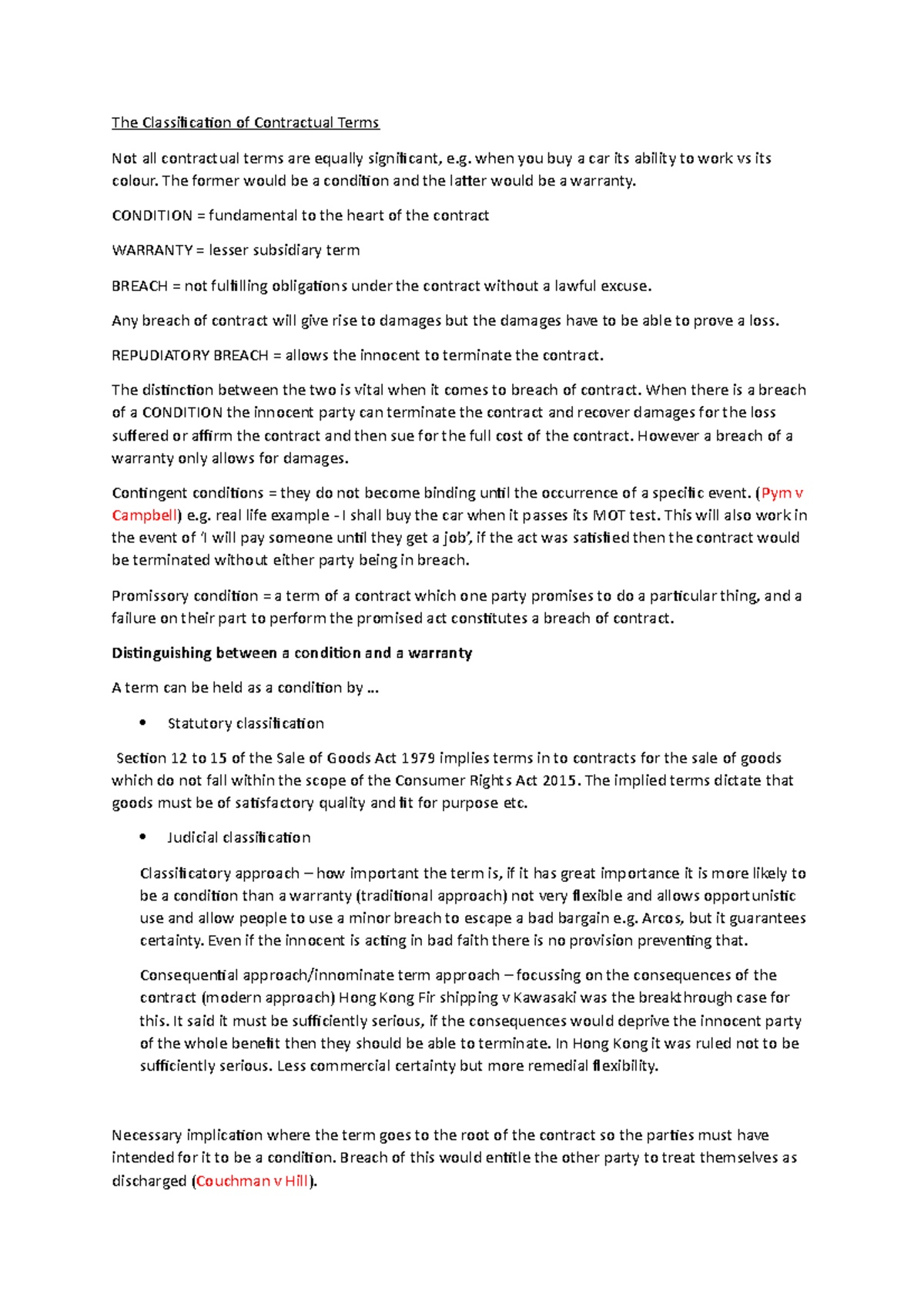 Conditions, warranties, innominate, termination and anticipatory breach