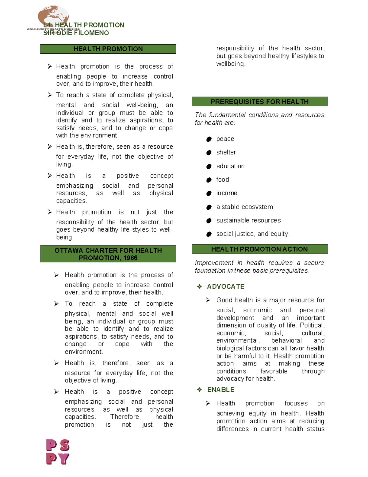 L4 Health Promotion - SIR ODIE FILOMENO HEALTH PROMOTION ⮚ Health ...