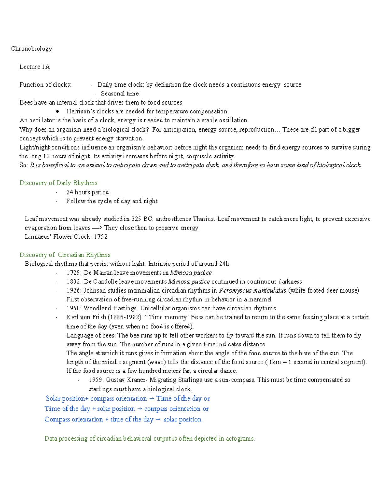 Chronobiology summary Chronobiology Lecture 1A Function of clocks