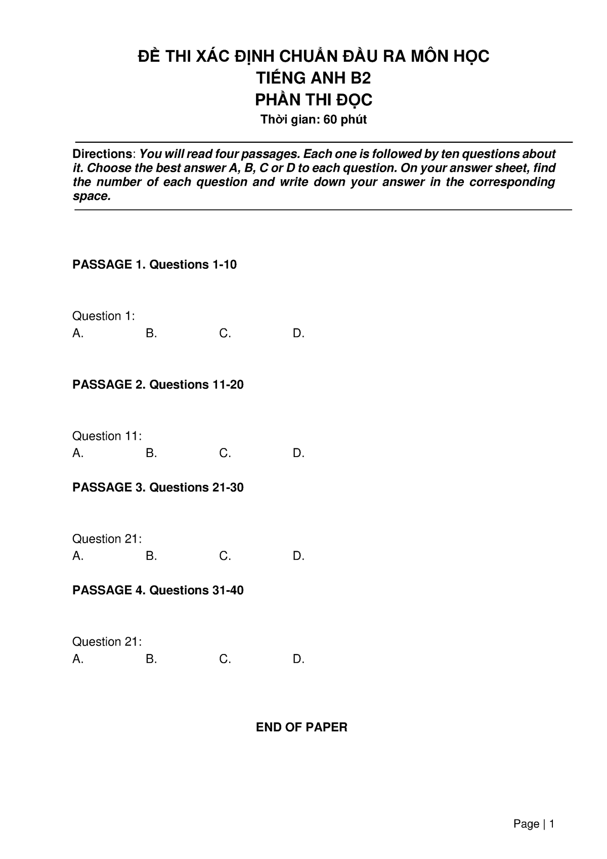 B2 Reading Test Template - Page | 1 ĐỀ THI XÁC ĐỊNH CHUẨN ĐẦU RA MÔN ...