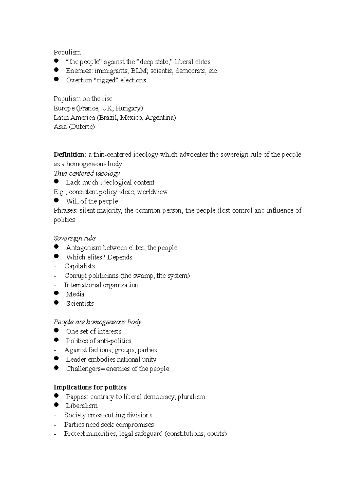 Populism - PSC 1001 notes - Populism “the people” against the “deep ...