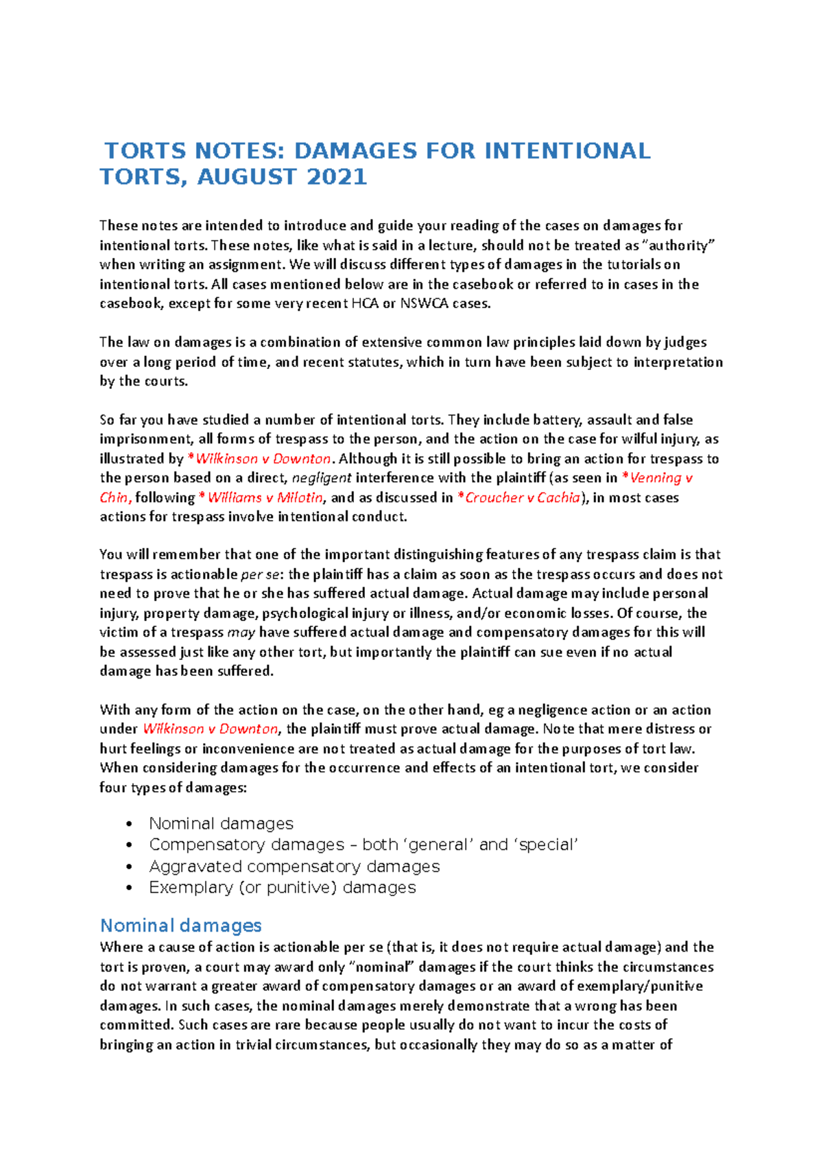 2021 Notes on Damages for Intentional Torts - TORTS NOTES: DAMAGES FOR ...