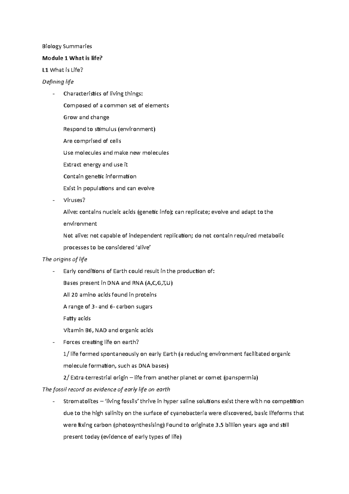 Biology Summaries - Biology Summaries Module 1 What is life? L1 What is ...