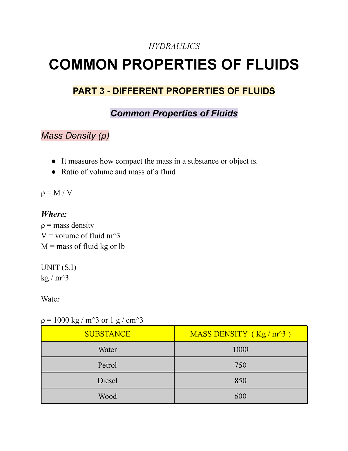 PART 3 - Hydraulics - Common Properties OF Fluids - HYDRAULICS COMMON ...