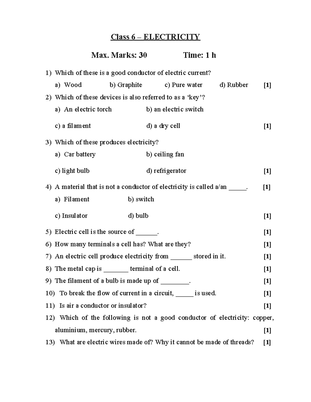 Electricity test - useful test paper to prepare for school exam - Class ...