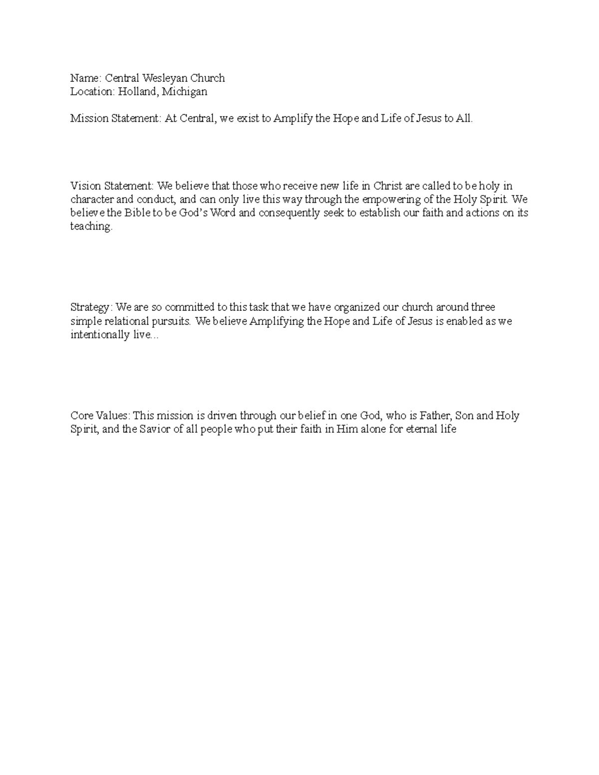 Philosophy of Ministry - CWC - Name: Central Wesleyan Church Location ...