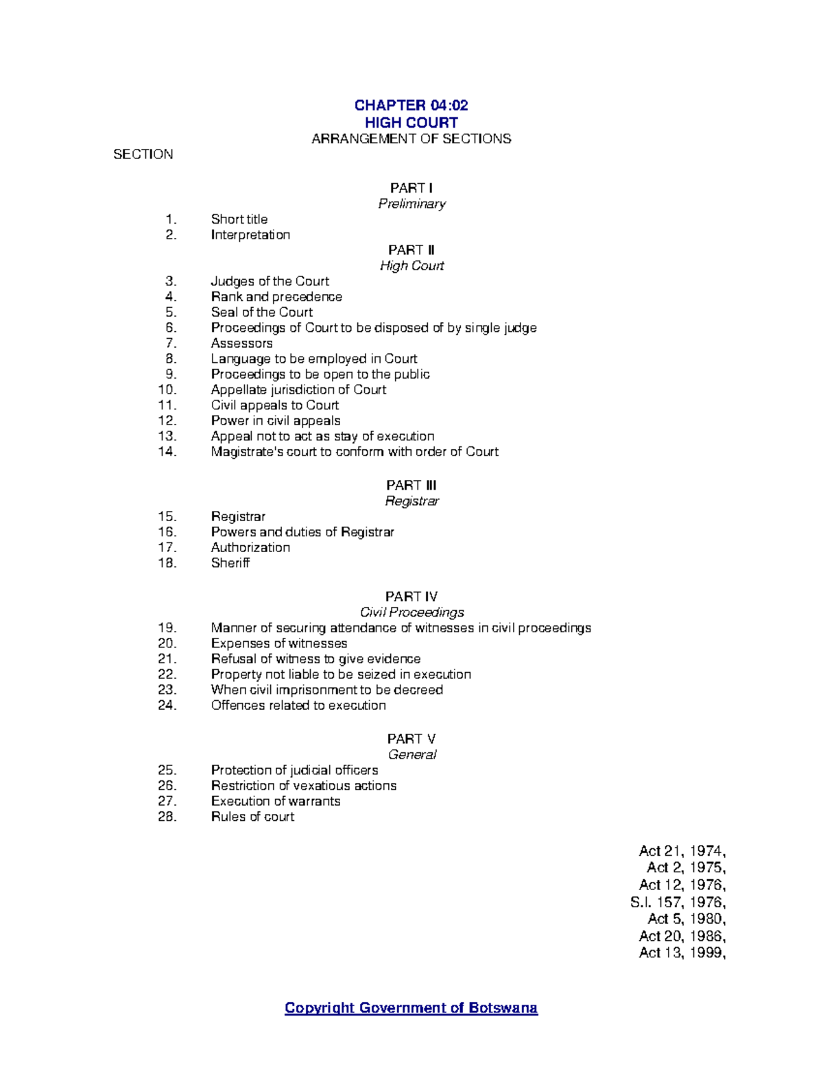 High Court Act CHAPTER 0402 HIGH COURT ARRANGEMENT OF SECTIONS