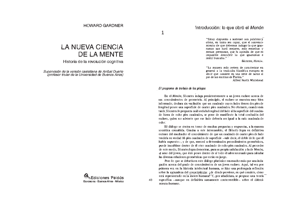 Gardner, H. La nueva ciencia de la mente. Cap. 1, 2, 3, 5 y 14 - - Studocu