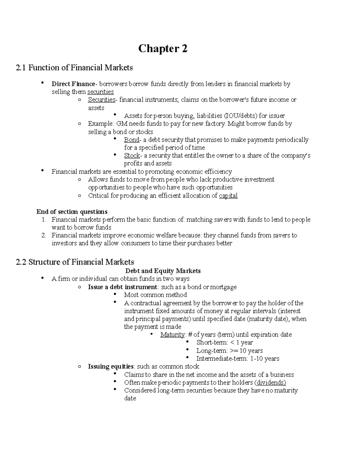 FINA 3144 Chapter 2 - ECU - Chapter 2 2 Function of Financial Markets ...