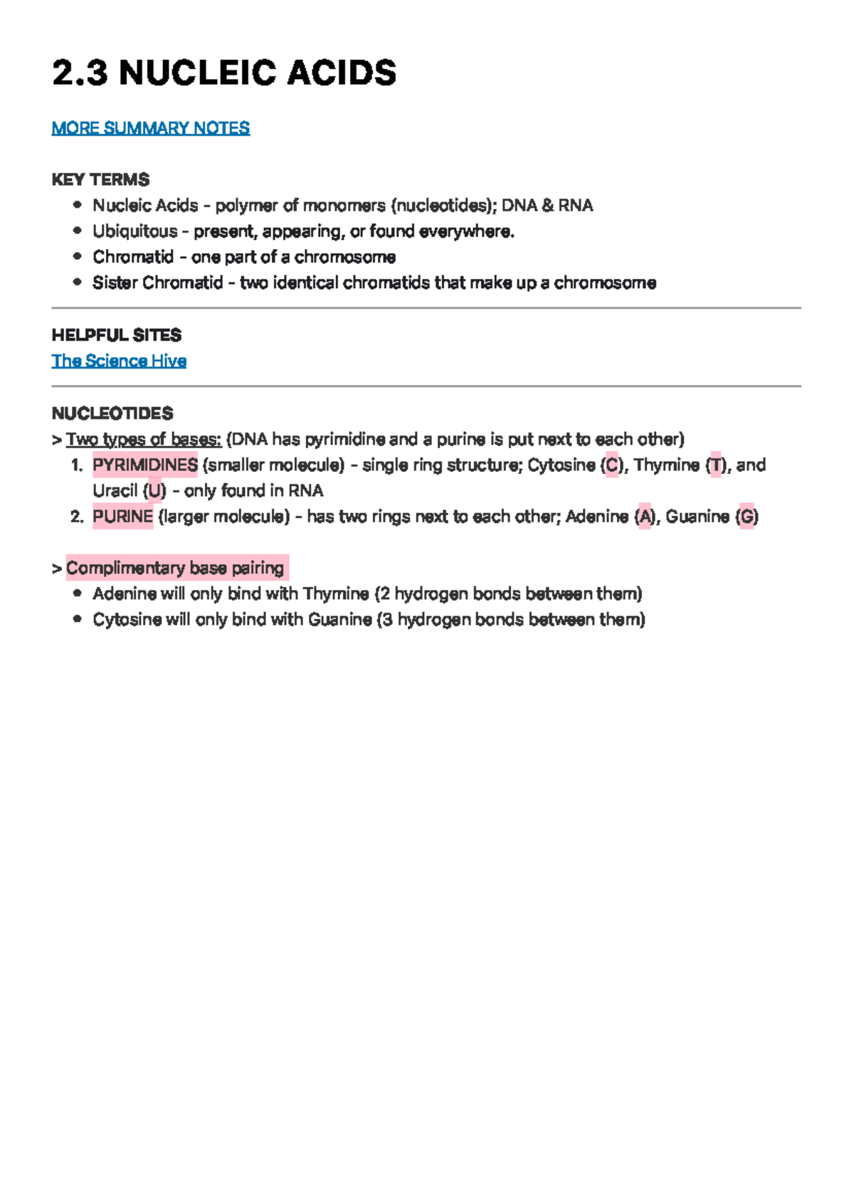 A Level OCR A Biology 2.3 Nucleic Acids Studocu