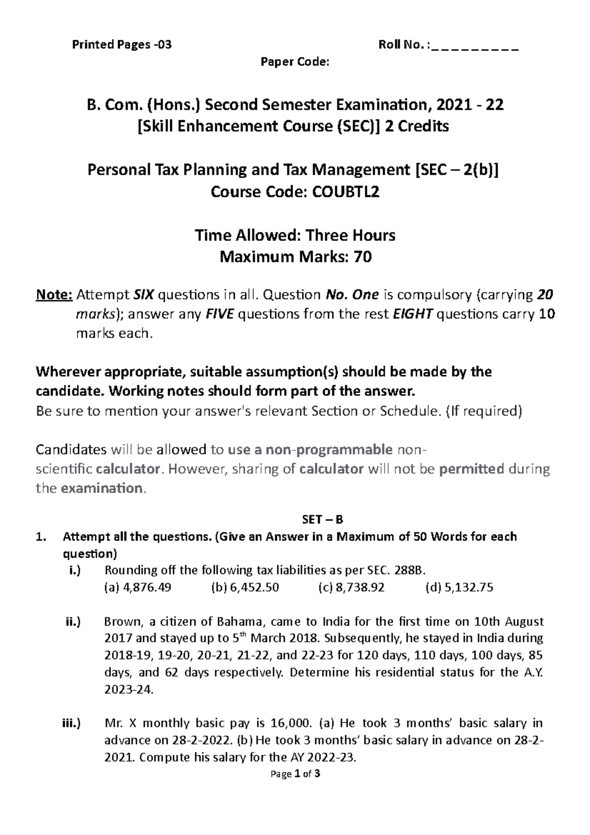 Personal Tax Planning and Tax Management SEC 2b Course Code Coubtl 2for B. Com H II Exam Paper