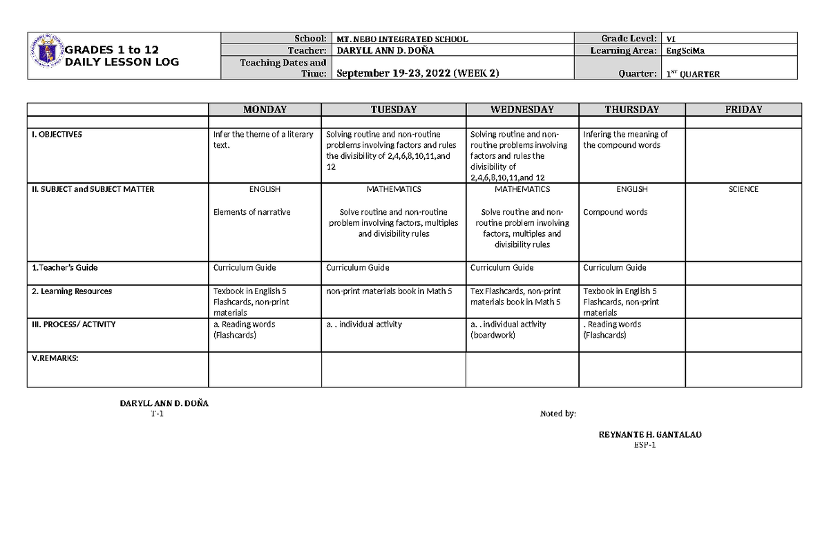 Week 2 - GRADES 1 to 12 DAILY LESSON LOG School: MT. NEBO INTEGRATED ...