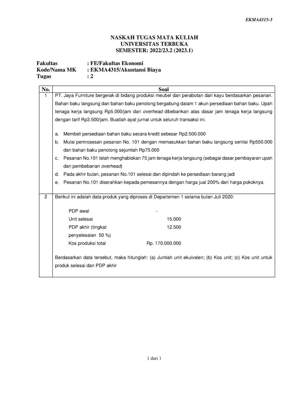 Soal Ekma4315 Tmk2 3 Akuntansi Biaya - EKMA4315- 1 Dari 1 NASKAH TUGAS ...