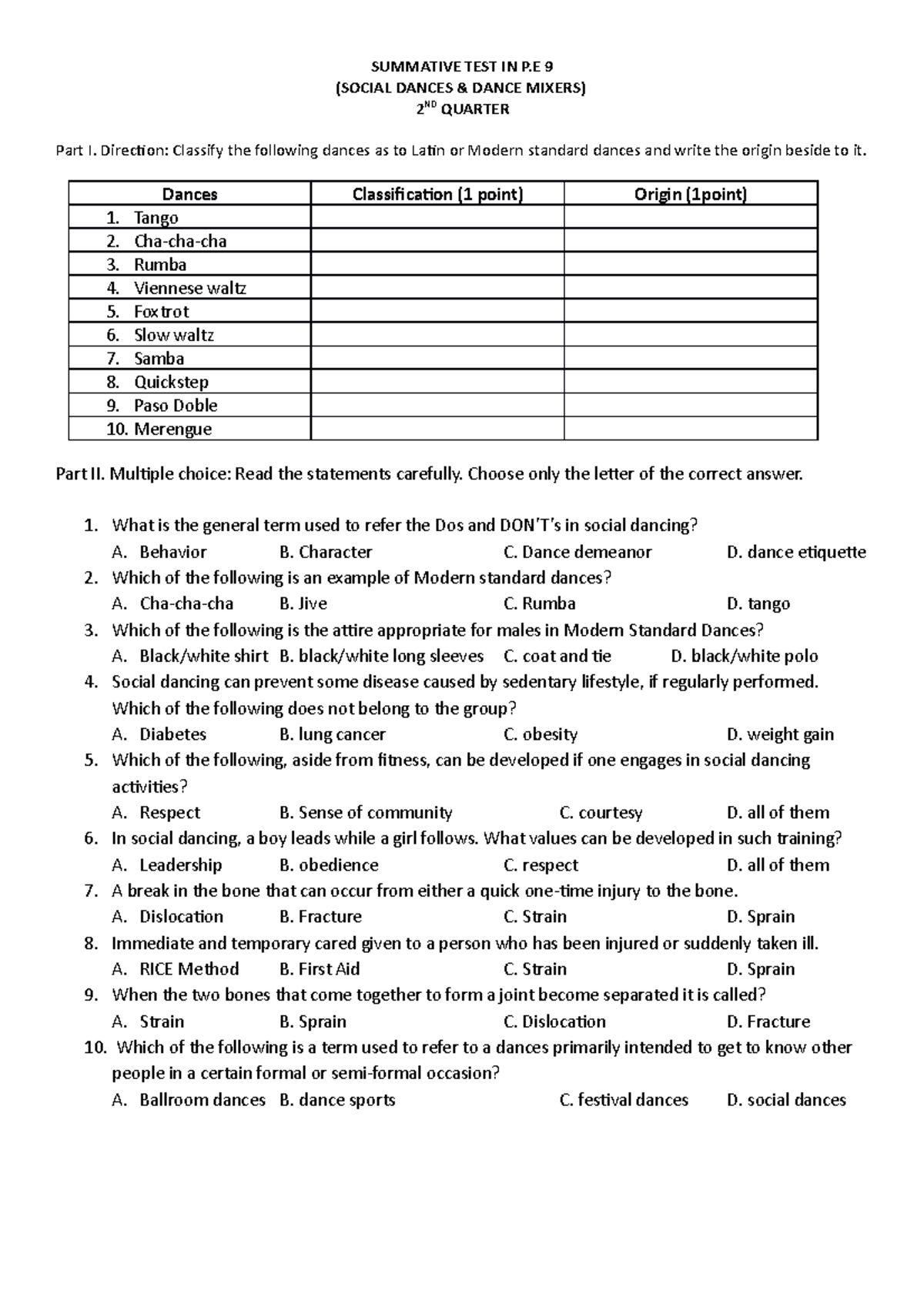 Summative TEST IN P LECTURE ONLY SUMMATIVE TEST IN P 9 (SOCIAL