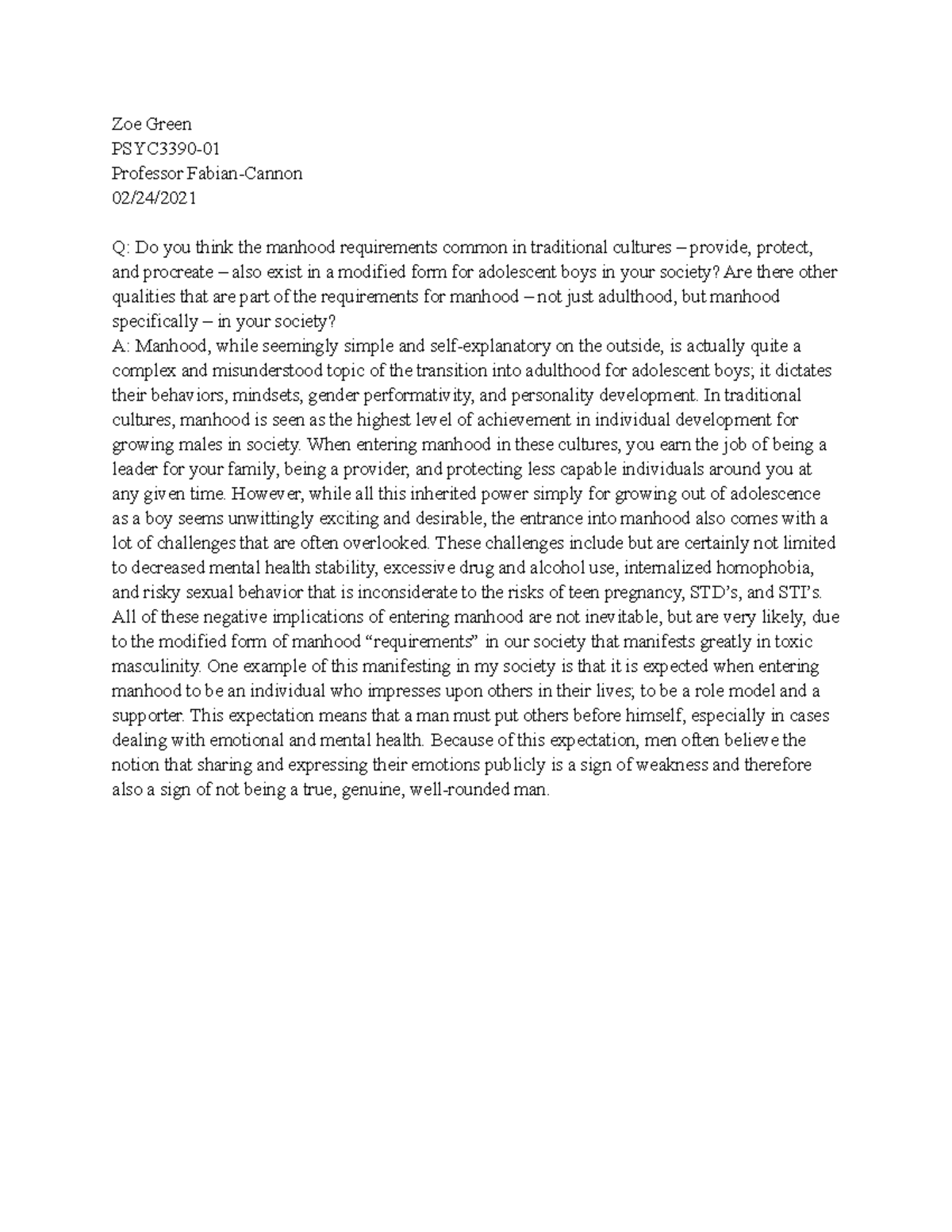 Chapter 5 Writing Assignment - Zoe Green PSYC3390- Professor Fabian ...