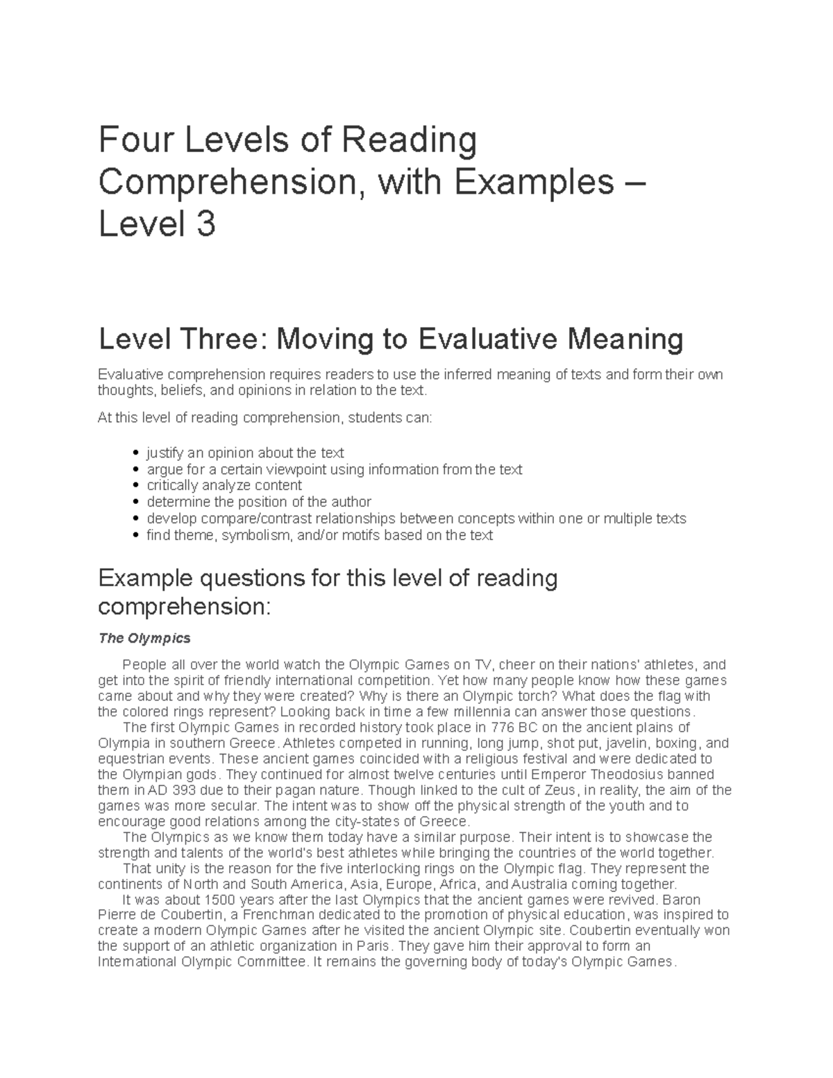 What Are The Four Levels Of Reading Comprehension With Examples