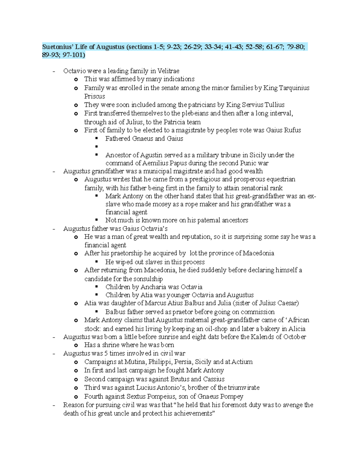 Week 1 Augustus Notes Suetonius’ Life of Augustus (sections 15; 923